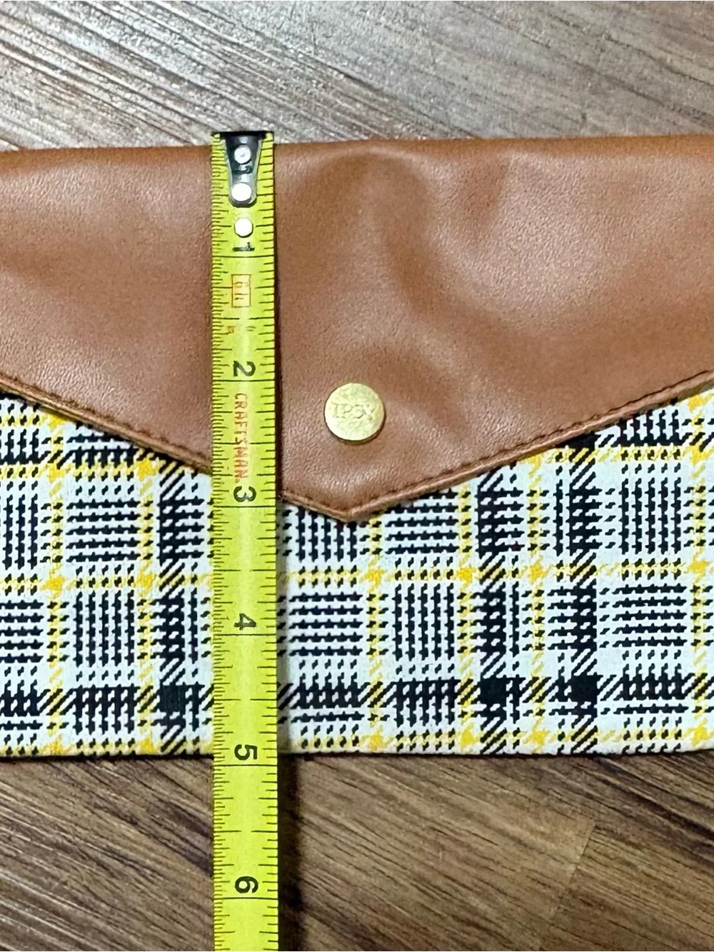 IPSY Plaid Envelope Clutch Cosmetic Makeup Pouch Brown Yellow Snap Small Bag